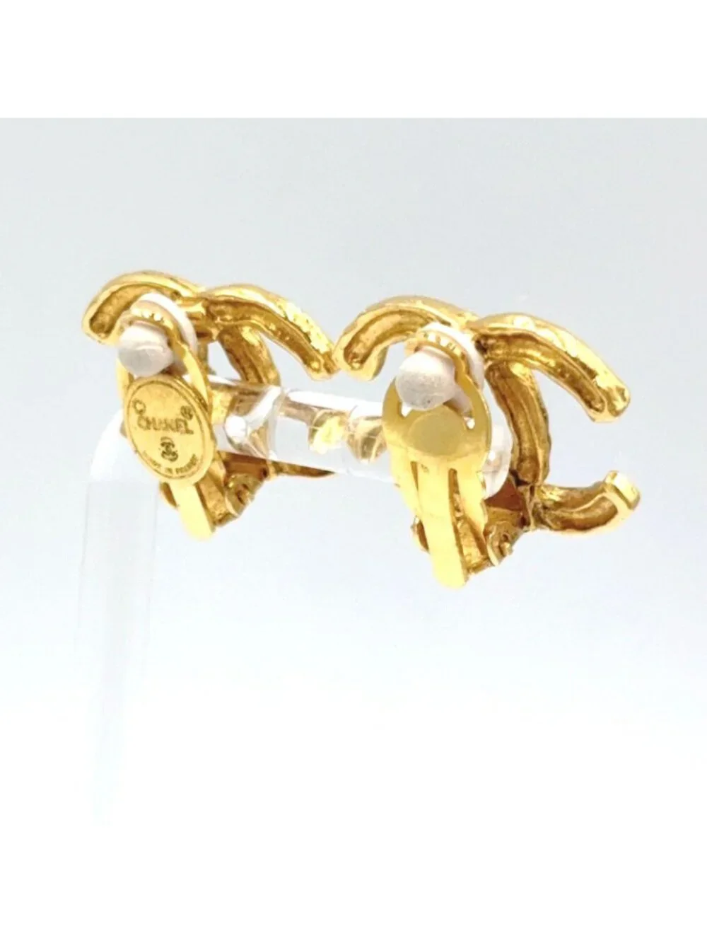 Chanel CC Logo Texture Gold Plated Earrings